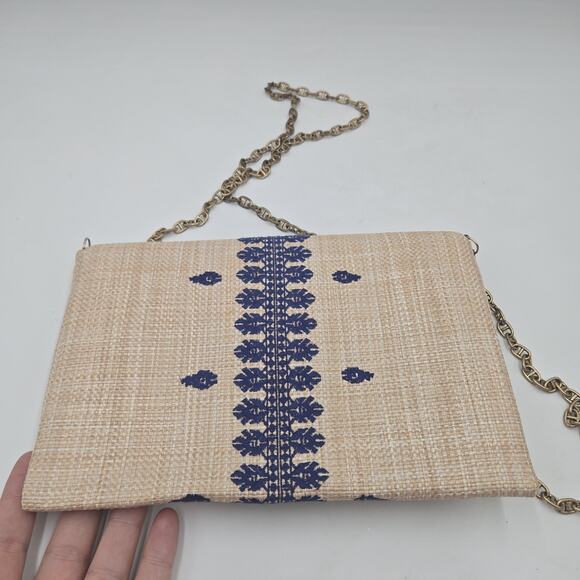 Stella & Dot Boho Raffia Blue Embroidered Clutch With Chain Purse Convertible - Picture 3 of 7